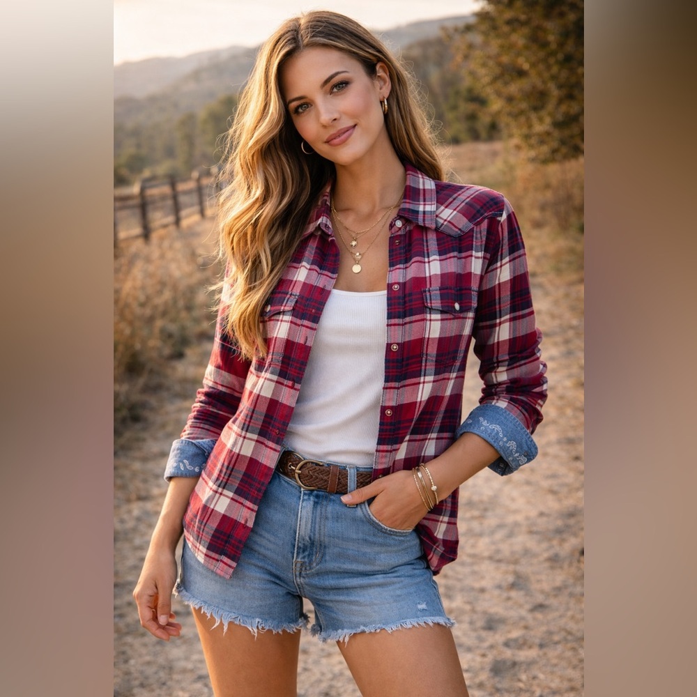 JACHS Girlfriend Plaid Button Down Shirt Western Contrast Cuff Stretch Flannel